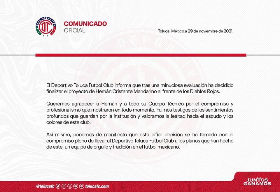 Hernán Cristante es cesado de la dirección técnica del Club Deportivo Toluca